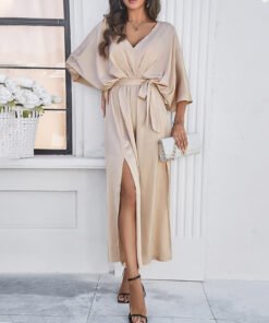 Elegant high waist V-neck loose dress champagne