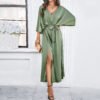 Elegant high waist V-neck loose dress green