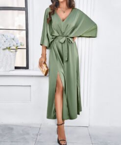 Elegant high waist V-neck loose dress green