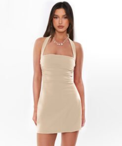 Solid color halter neck tie slim fit pleated fashion dress apricot
