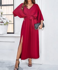 Elegant high waist V-neck loose dress wine red