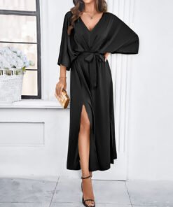 Elegant high waist V-neck loose dress wine black