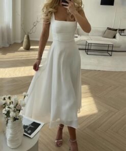 Square neck suspenders elegant waist dress elegant long skirt white
