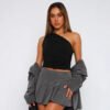 One-shoulder open back gathered vest Black