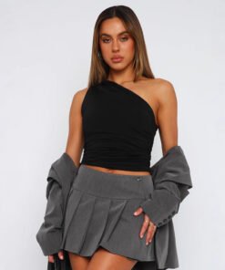 One-shoulder open back gathered vest Black