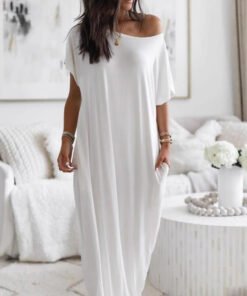 Women's solid color short-sleeved long casual dress