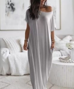 Women's solid color short-sleeved long casual dress gray