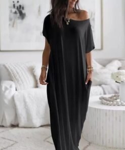 Women's solid color short-sleeved long casual dress Black
