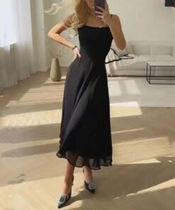 Square neck suspenders elegant waist dress elegant long skirt black